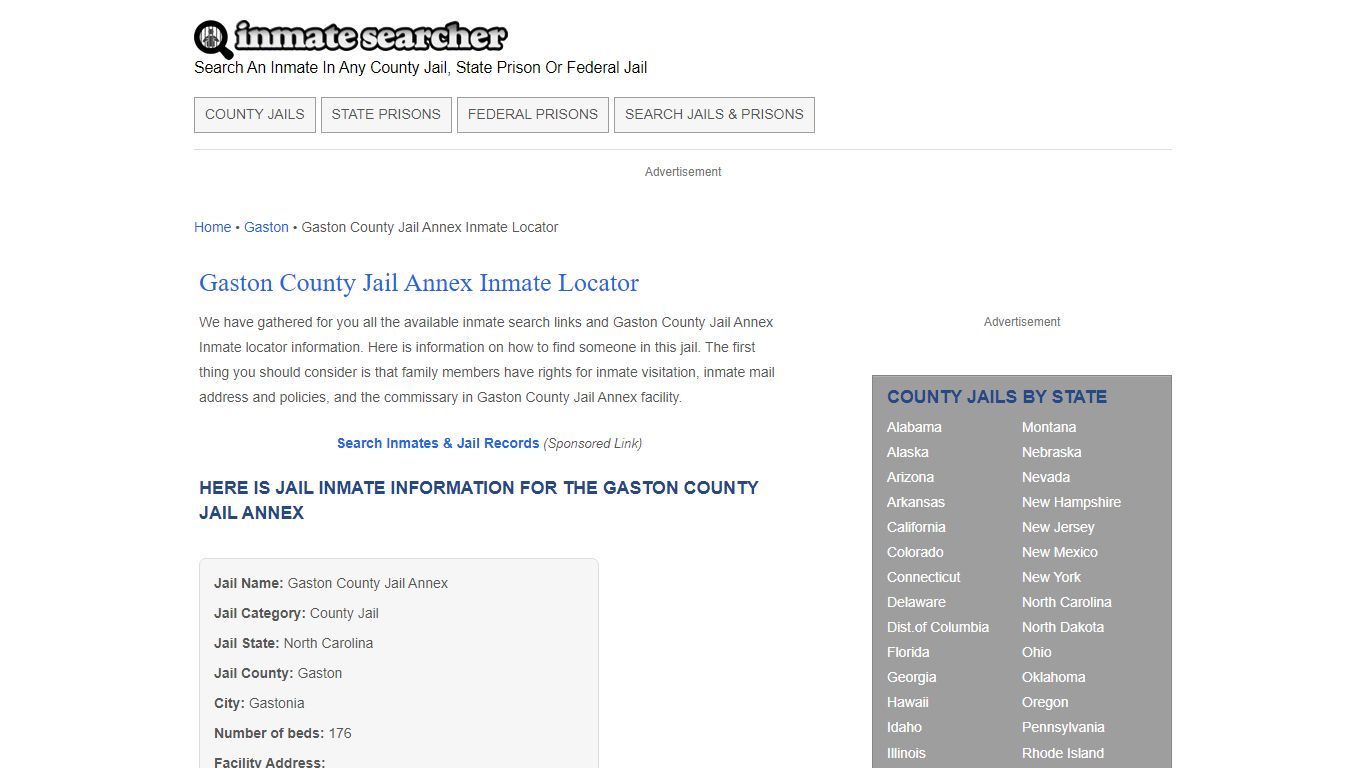 Gaston County Jail Annex Inmate Locator - Inmate Searcher
